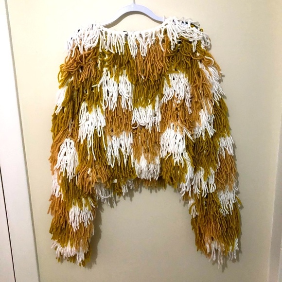 Nasty Gal Mustard Beige White Fringed Chunky Knit Cardigan - Picture 7 of 10